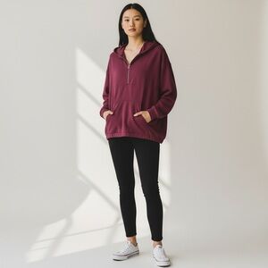 Another Love Half Zip Hooded Bubble Hem Sweatshirt Maroon Wine Modal Medium